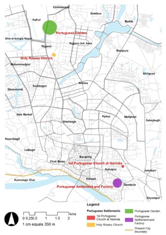Location of the Portuguese Settlements and Structures in Dhaka