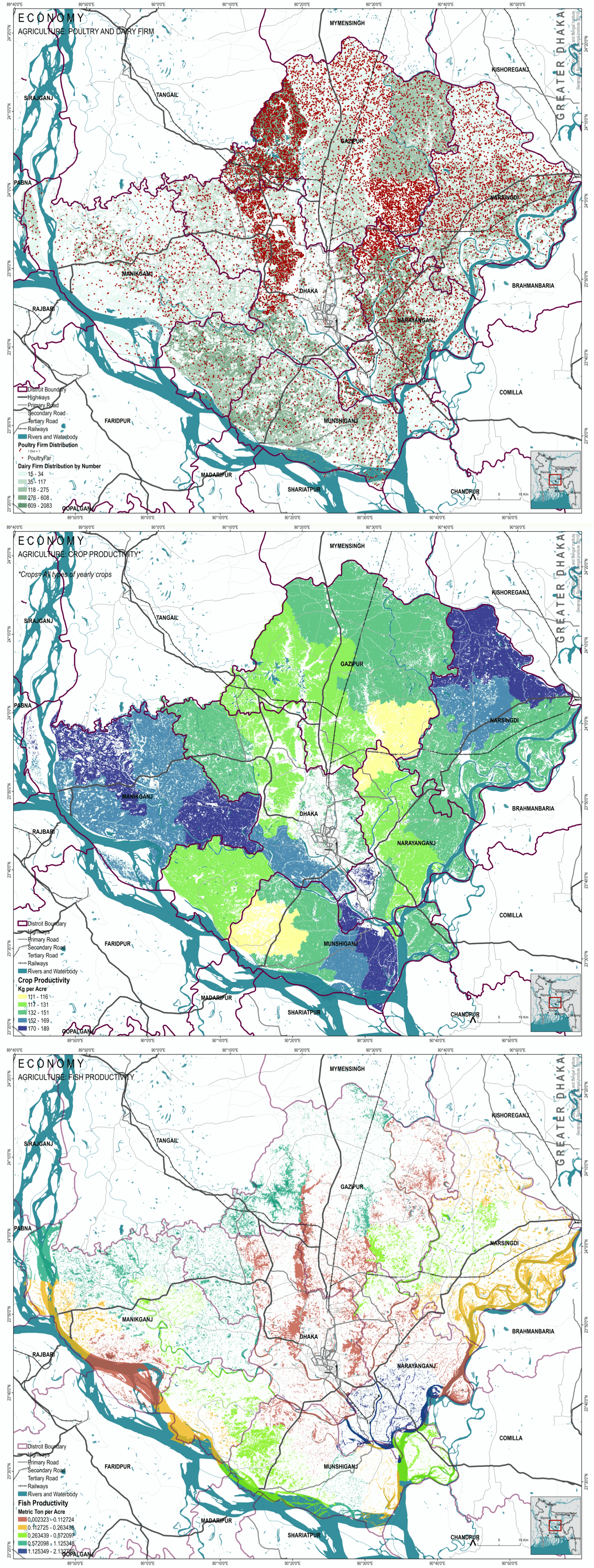 Maps showing distributional patterns of agricultural systems in and around Dhaka